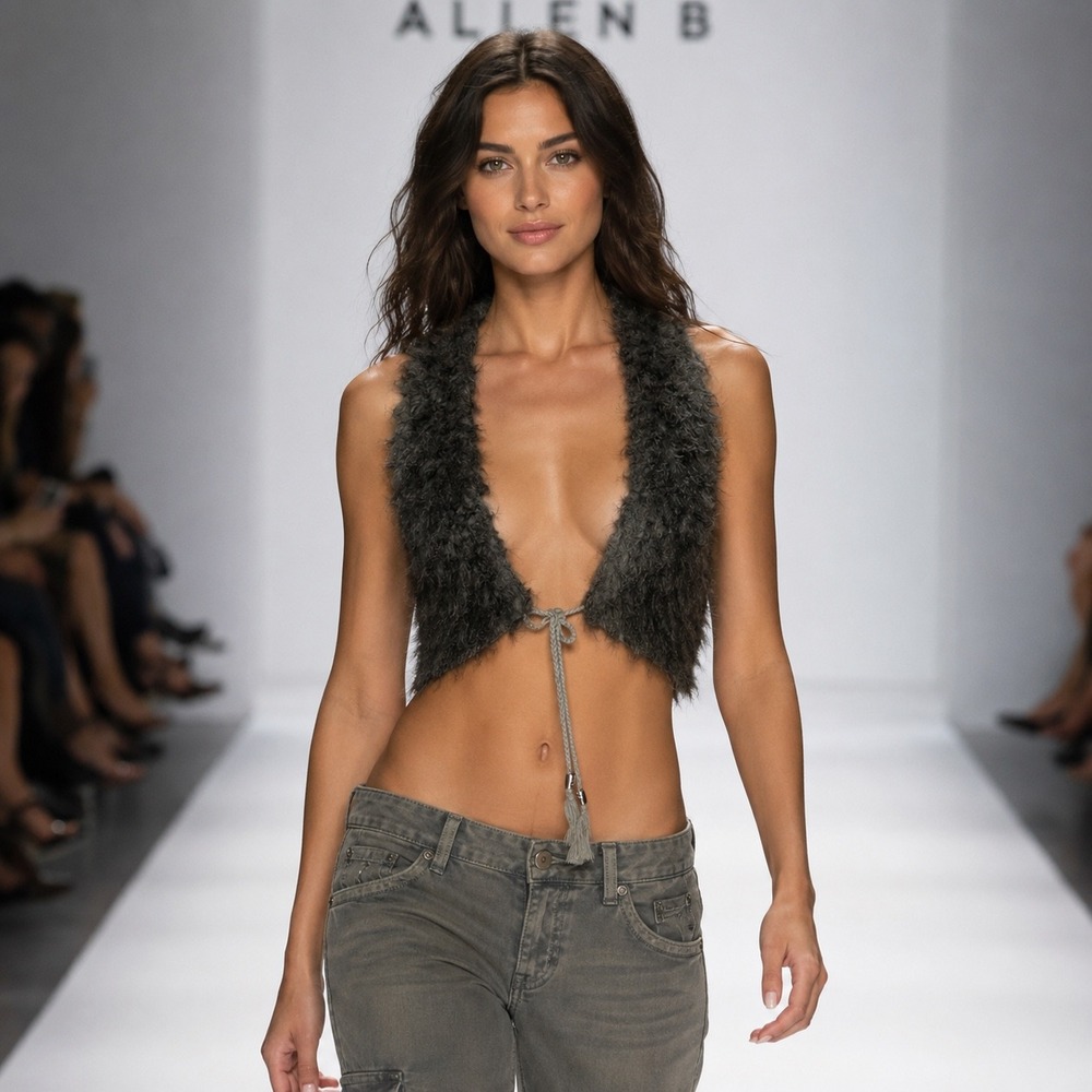 Allen B. by Allen Schwartz Vest XS Grey Faux Fur Crochet Back Boho Cropped Tie